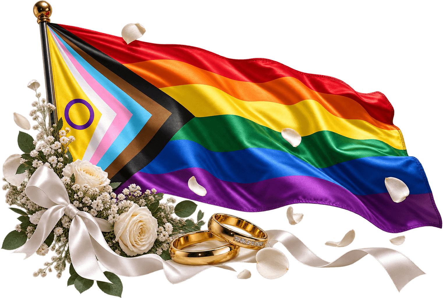 A Progress Pride flag beside two gold wedding rings, white roses and ribbon
